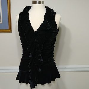 WD NY Black Stretch Velvet Top Ruched Sides Peplum